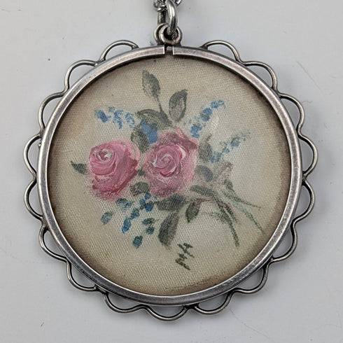 Vintage sterling silver hand-painted rose pendant with necklace